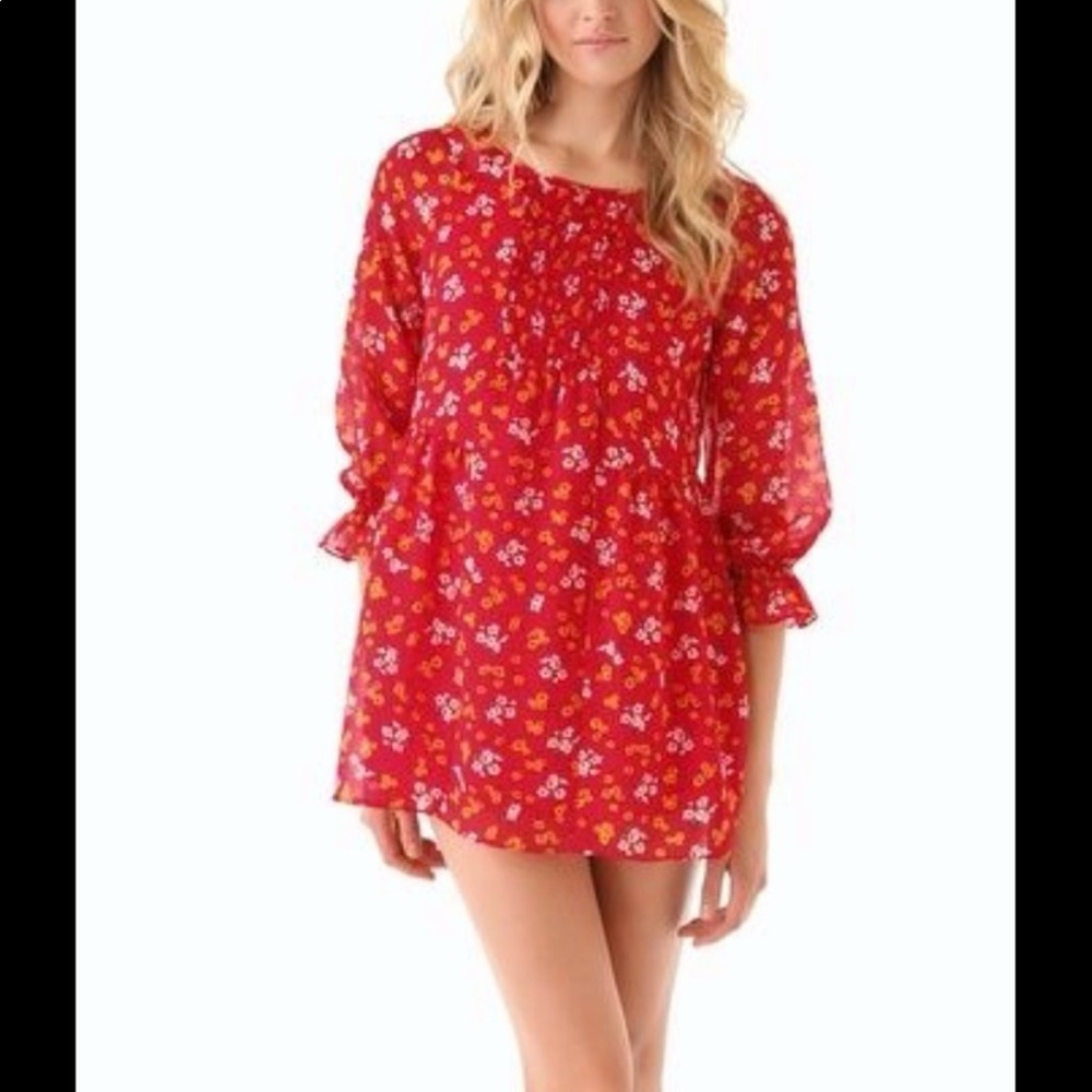 Free People Babydoll Mini Dress Red Floral Long Sleeve Lined Size 4